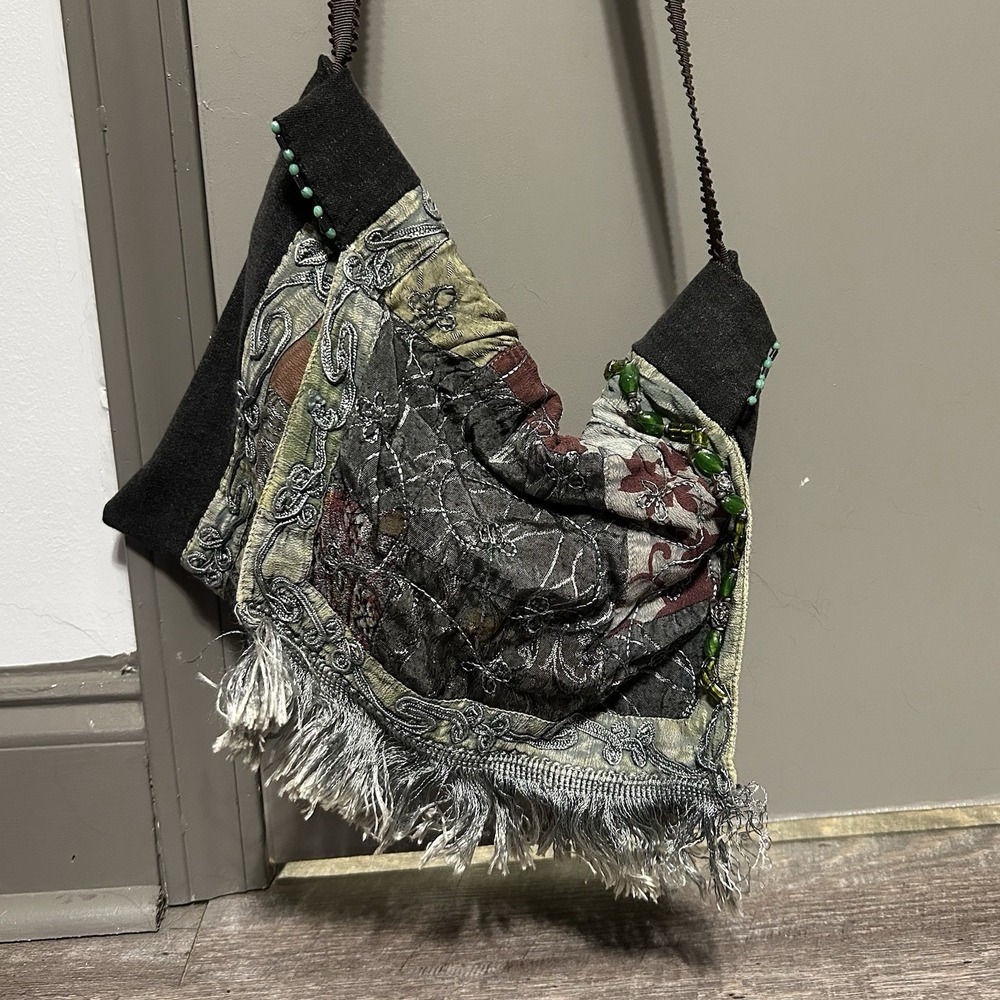 Vintage Bohemian Patchwork Purse Beaded Fringe Silk Brocade Shoulder Bag